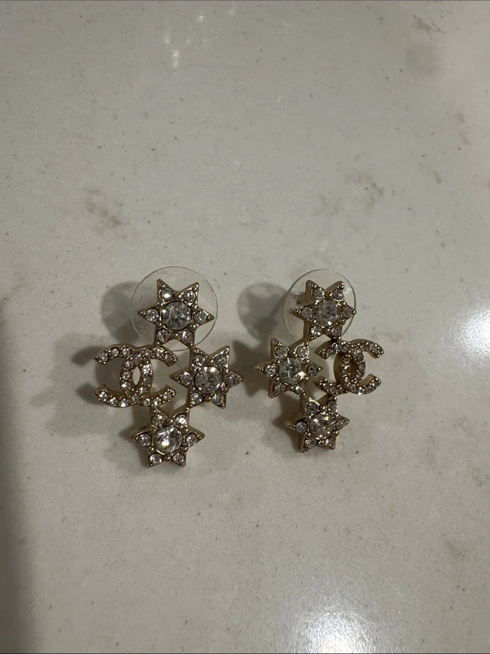 CHANEL Gold Crystal Star & CC Drop Earrings